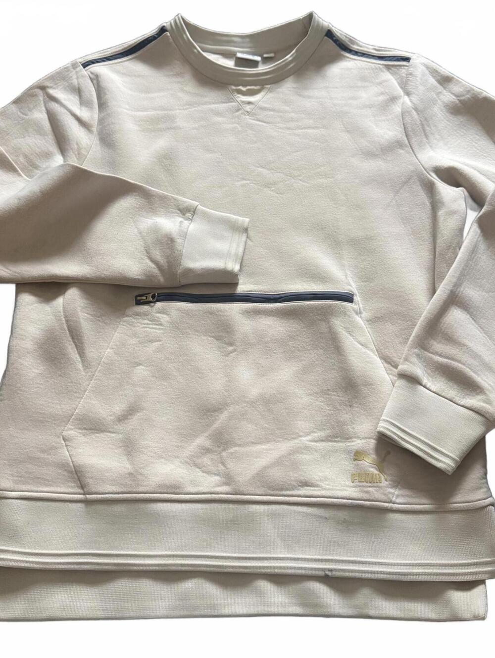 Puma Mens L Cream Pullover Sweatshirt Zip Pocket Athleisure Track Crewneck